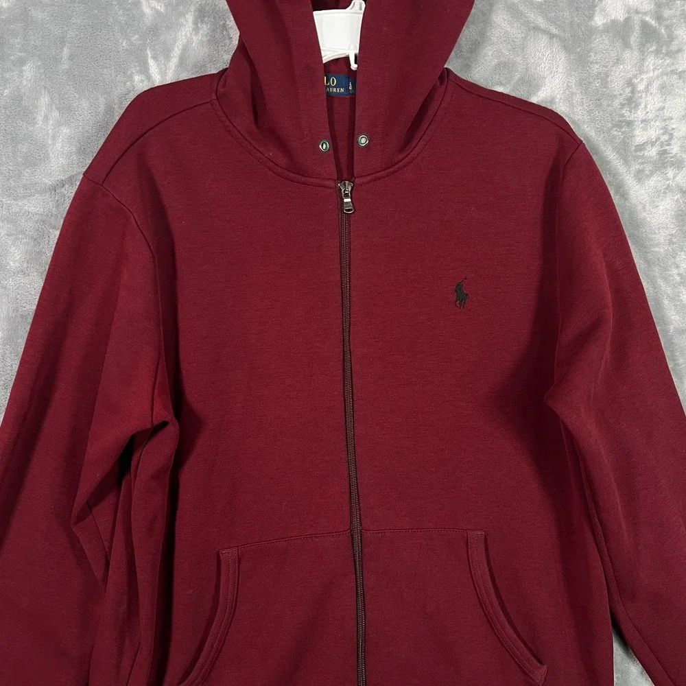Polo Ralph Lauren Burgundy Red Hoodie Mens Large Full Zip Sweatshirt Black Pony